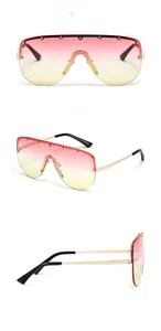 Three-view shots of punk rimless shield sunglasses with pink gradient lens and gold rivets