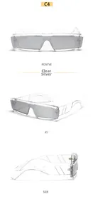 Detailed views of C4 transparent square sunglasses with silver mirrored lenses and rivets