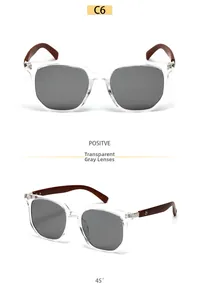 Square champagne frame sunglasses with wood grain temples in C6 transparent grey tint