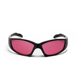 Y2K style wrap-around sports sunglasses with black frame and vibrant magenta lenses