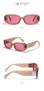 Three views of vintage square sunglasses with tea-colored frames and magenta lenses