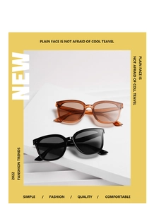 Detail of square oversized sunglasses with chic metallic rivets on a geometric stand