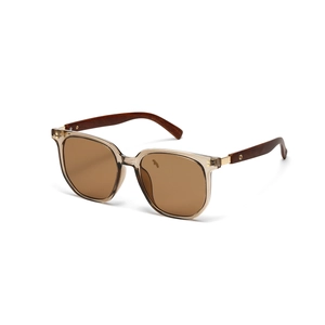 Retro square champagne sunglasses with dark wood grain temples and brown lenses
