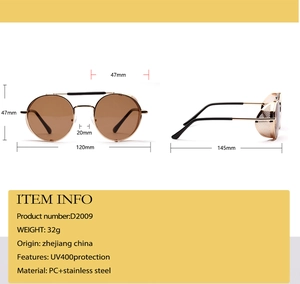 Detailed dimensions of retro steampunk metal sunglasses with red lenses and side shields