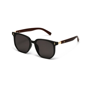 Square black sunglasses with premium wood texture temples and dark grey polarized lenses
