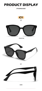 Three-angle views of square black sunglasses with classic metallic rivet details
