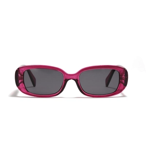 Retro square narrow frame sunglasses with translucent rose red frames and dark lenses