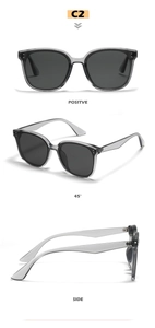 Three-view detail of transparent grey square sunglasses with dark grey UV lenses