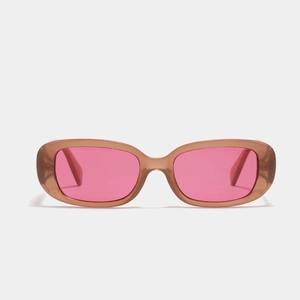 Retro square thick frame sunglasses with amber frames and vibrant magenta pink lenses