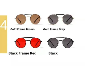 Detail view of steampunk metal sunglasses in four colors with side shields and red lenses