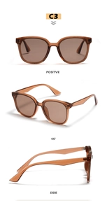 Three-angle views of square amber sunglasses in translucent frames, model color C3