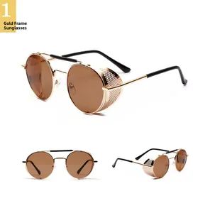 Detail view of steampunk sunglasses with golden metal frames and side mesh shields