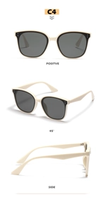 Three-angle view of square cream sunglasses with dark lenses and silver rivets