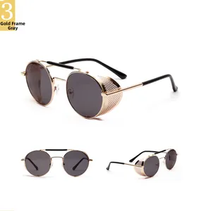 Detail of steampunk round sunglasses with gold metal frame and side mesh shield