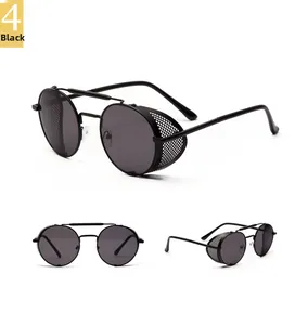Three-view display of steampunk round sunglasses with black metal side mesh shields