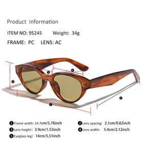 Detailed size chart for retro cat eye sunglasses showing PC frame and AC lens dimensions