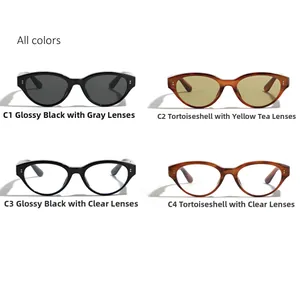 Detailed view of four cat-eye glasses in black and tortoiseshell finishes with metal rivets