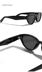 Detail view of durable metal hinges and CE marked temples on black cat-eye sunglasses