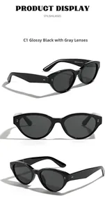 Three-view display of glossy black cat-eye sunglasses with grey lenses and retro design