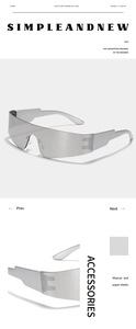 Detail view of Y2K futuristic wrap-around sunglasses with silver mirror lens and wide temples