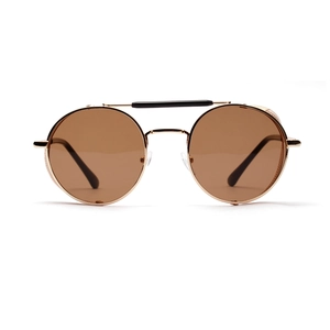 Steampunk round sunglasses with gold metal frame, brown lenses and side shield details