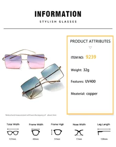 Detailed size chart for square metal sunglasses showing precise frame and lens dimensions