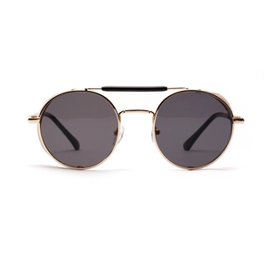 Vintage steampunk sunglasses with round gold metal frame and dark grey tinted lenses