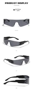 Detailed multi-angle views of Y2K futuristic wrap around shield sunglasses in dark grey