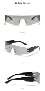 Three-way view of Y2K silver mirrored sports sunglasses with wide black frames