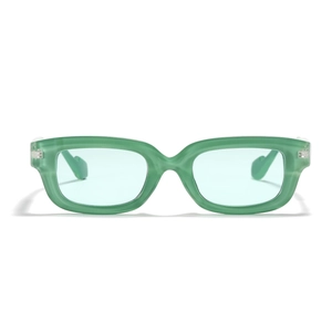 Fashionable rectangle sunglasses with mint green matte frame and light blue lenses