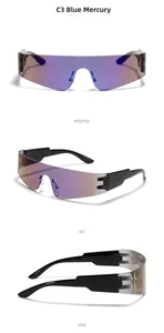 Three-angle view of Y2K futuristic visor sunglasses with blue and purple mirror lenses
