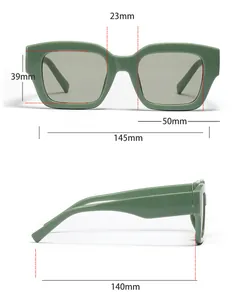Detailed size chart for retro rectangular sunglasses showing frame dimensions and width