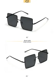 Detail view of square metal sunglasses in black finish with dark grey resin lenses