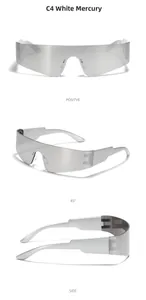 Three views of silver shield sunglasses with futuristic mirror finish and Y2K aesthetic