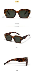 Three-way view of retro tortoiseshell square sunglasses with dark grey lenses