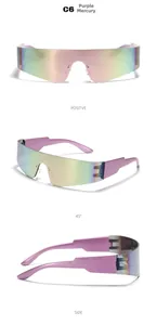 Three-angle view of Y2K futuristic sunglasses with gradient pink purple mirrored lenses