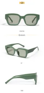 Detailed views of vintage green rectangle sunglasses with dimensions on the temple arm
