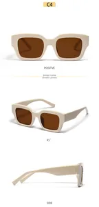 Three-angle views of retro rectangular beige sunglasses with dark tea lenses and wide temples