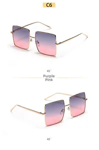 Macro shot of stylish gold metal square sunglasses featuring purple-pink gradient lenses