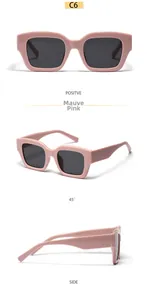 Detail view of purple-pink rectangle sunglasses showing front, side and 45-degree angles