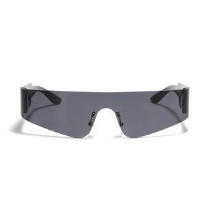Futuristic Y2K grey semi-rimless wraparound shield sunglasses with sleek black temples