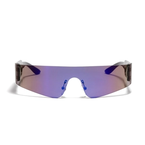 Y2K futuristic oversized wrap sunglasses with purple and blue gradient mirrored lenses