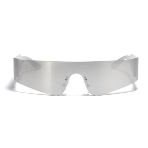 Y2K futuristic shield sunglasses with silver mirrored lenses and white temples