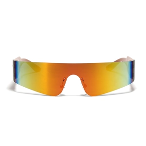 Retro futuristic Y2K wraparound sunglasses with colorful rainbow gradient mirrored lenses