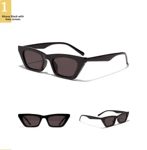 Trois vues de lunettes de soleil rectangulaires noir brillant avec verres gris foncé