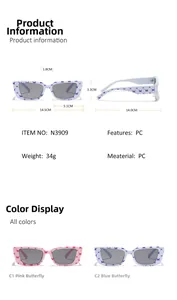 Detailed size parameters of butterfly print Y2K rectangular sunglasses with dimensions