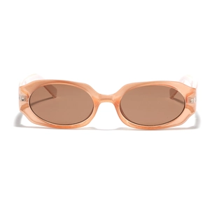 Modern narrow rectangular sunglasses with pink translucent frame and brown lenses for style