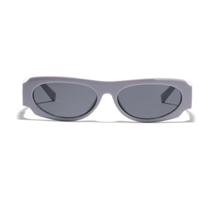 Y2K style square matte lilac sunglasses with dark grey lenses for men and women
