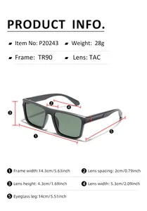 Size guide for TR90 square polarized sunglasses with precise measurements in cm and inches
