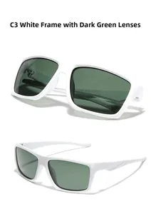 Detailed view of white rectangular sunglasses with dark green lenses and model specifications